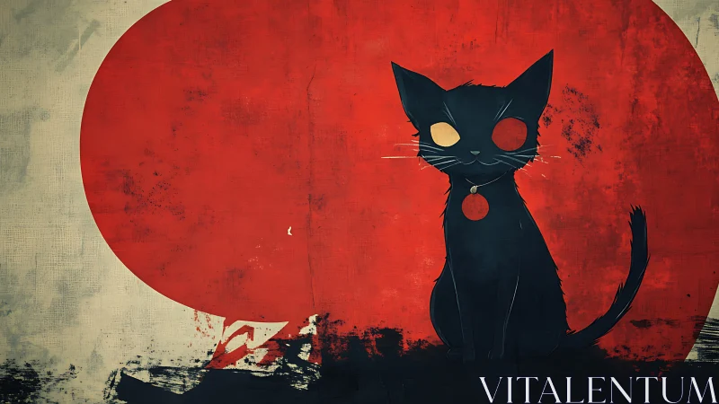 Black cat silhouette before textured red circle background.