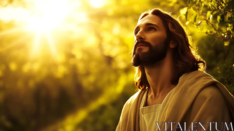 Radiant robed figure under high-intensity backlit sunburst field.