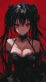 Red-eyed gothic anime character in black corset dress portrait.