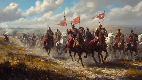 Armored cavalry charge across a sunlit windswept plain