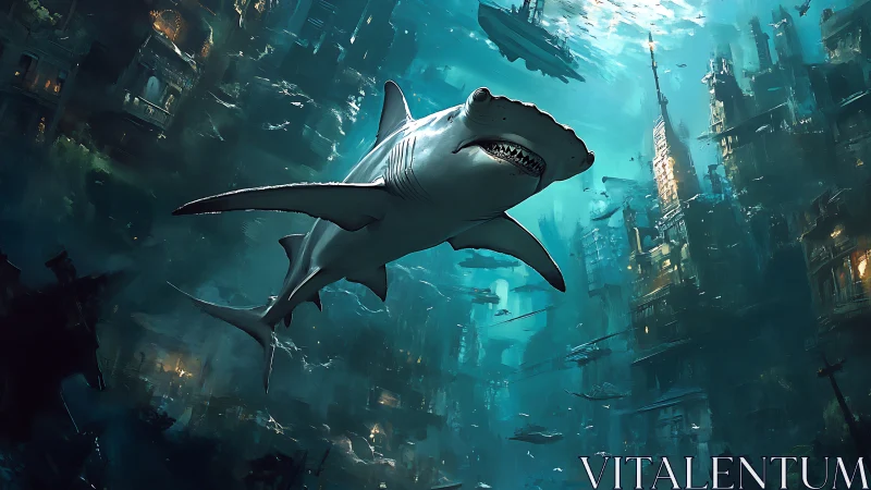 Digital painting of shark in submerged future megacity environment.