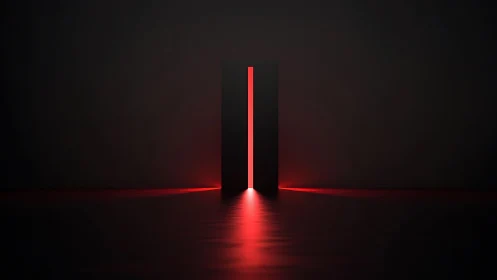 Silent monolith doorway spilling neon red prophecy glow.