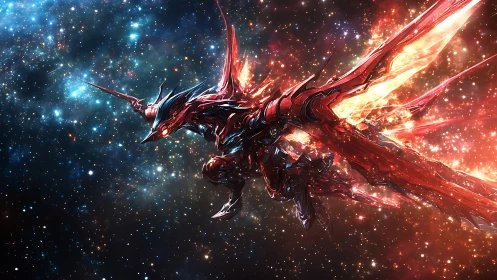 Starforged dragon knight soars through a blazing galaxy sky