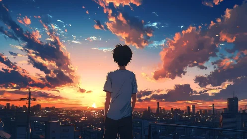Teenage boy observes vivid sunset above dense city skyline