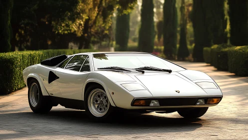 Classic white Lamborghini sports car on a sunlit driveway.