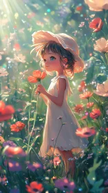 Young girl in sunlit flower meadow savors a quiet dream