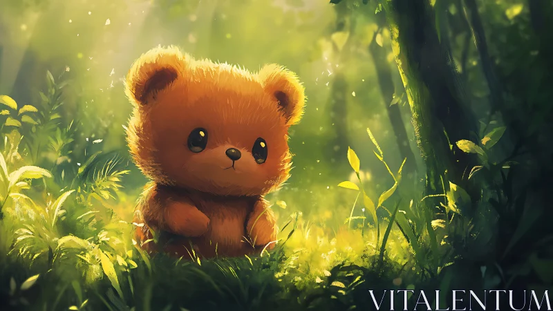 Digital bear character in sunlit forest clearing environment.