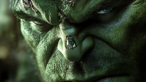 Close view of green humanoid face with small robot on nose.