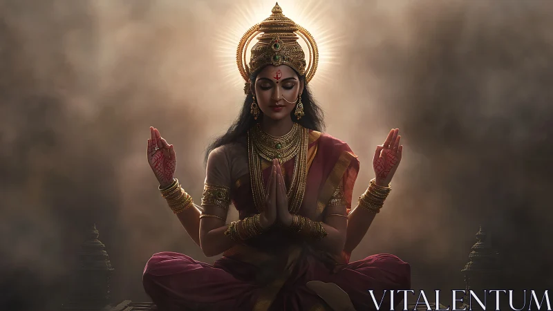 Divine Indian goddess in meditative lotus pose with haloed backlight