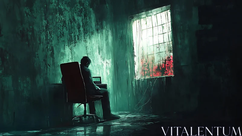 Solitary coder in a neon-drenched, decaying green room.