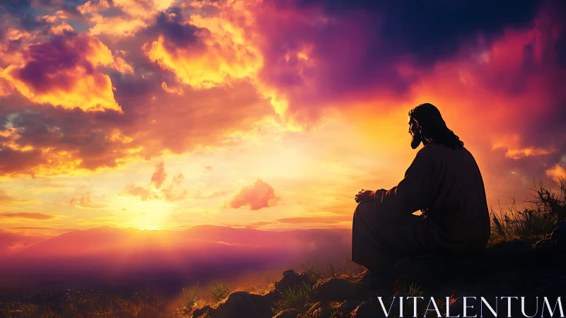 Solitary robed figure contemplates radiant mountain sunrise.