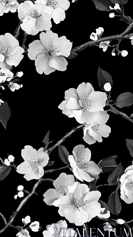 Monochrome floral composition with flowering branches against black background.
