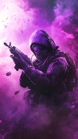 Armored soldier holds rifle amid dense magenta smoke