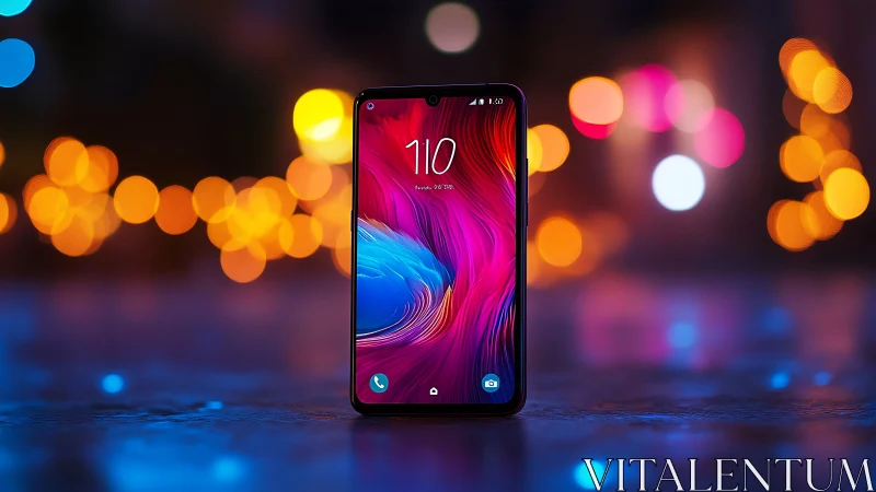 Smartphone with Vibrant Gradient Display and Bokeh Lighting.