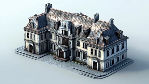 3D rendered French townhouse block with mansard roof detailing.