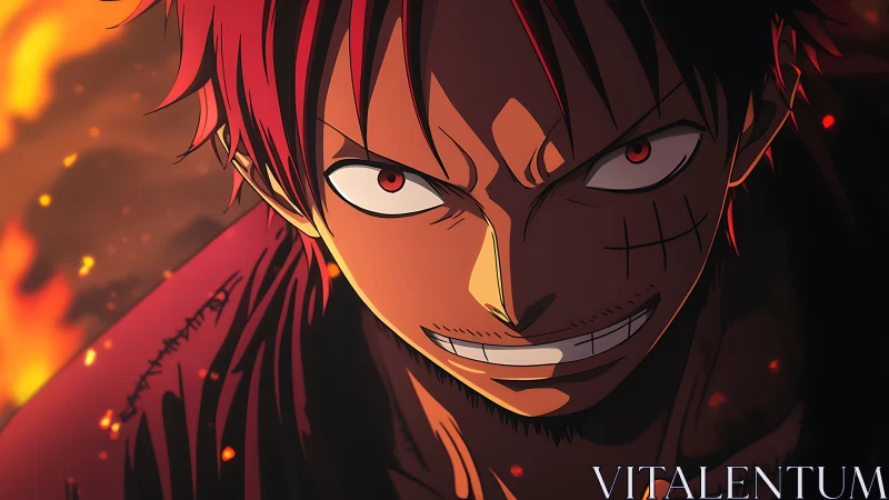 Close-up anime character with red lighting and flames.