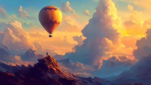 Hot air balloon drifts above lone figure on rocky summit