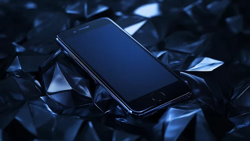 Glossy black smartphone on faceted reflective dark surface