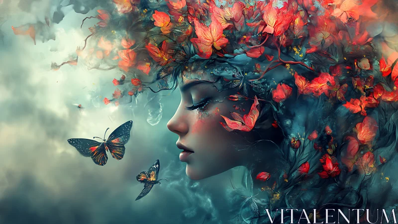 Surreal female profile intertwined with red floral foliage and butterflies
