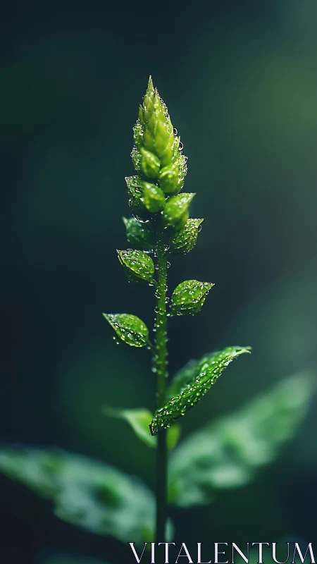 Dew-covered green bud rises against soft teal bokeh.
