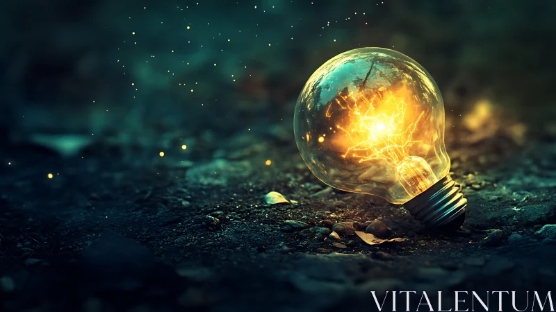 Glowing lightbulb on forest floor sparks quiet imagination.