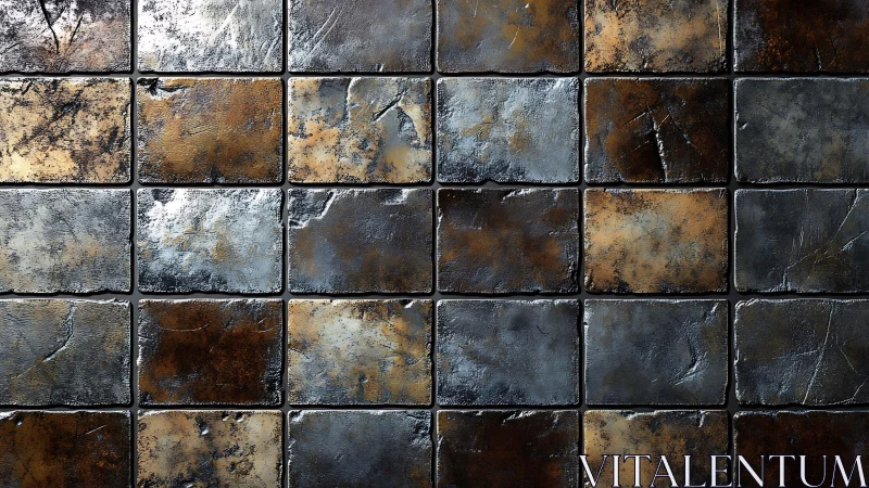 Rustic metallic tiles form a textured rectangular grid pattern