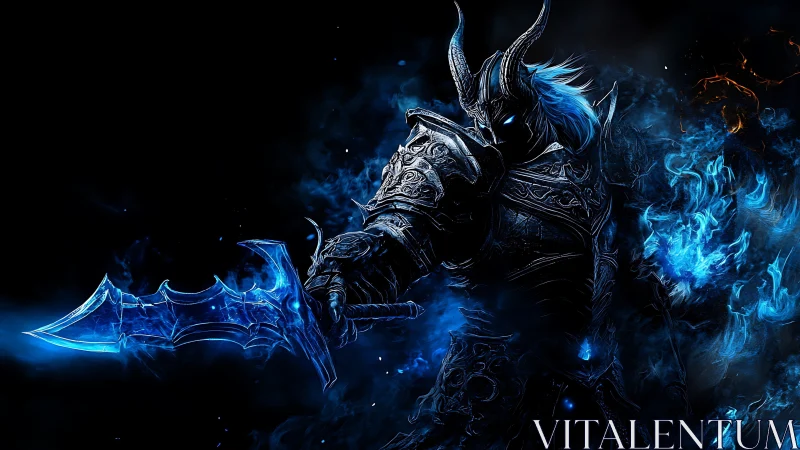 Armored frost knight unleashes spectral blue energy in battle.