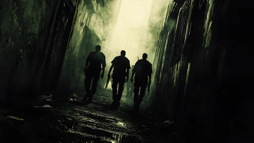 Shadowed patrol moving through a foggy city alleyway.