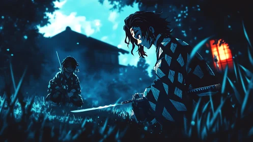 Moonlit swordsmen share a quiet moment before their trial