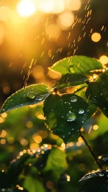 Sunlit green leaves with raindrops and falling water streaks