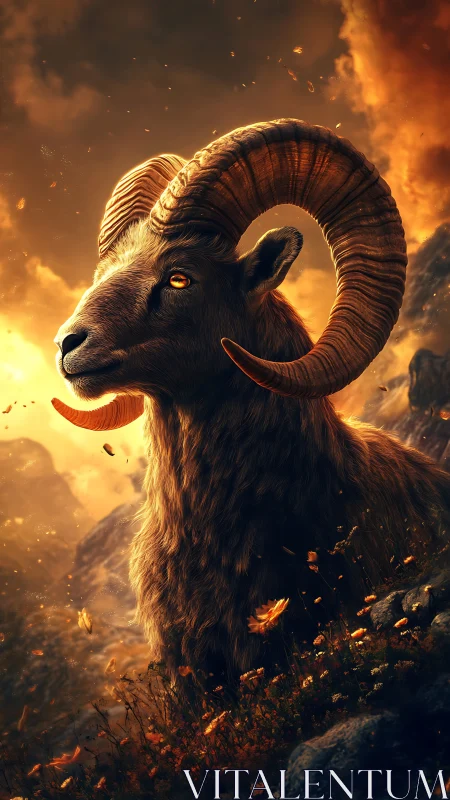 Ram with curved horns stands in glowing mountain sunset
