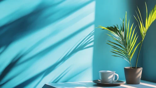 Potted palm and coffee cup on table against blue wall.