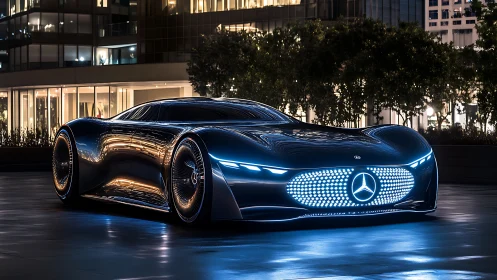 Futuristic electric supercar glows against a sleek cityscape