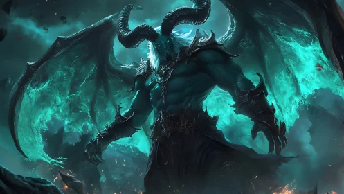 Infernal winged demon lord amid emerald hellfire storm.