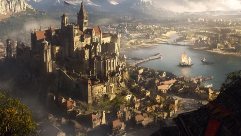 Riverside fortified cathedral city under morning mist light