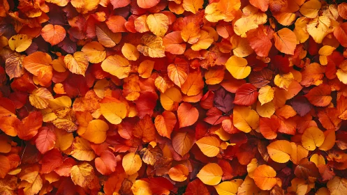 Autumn foliage ground cover in dense orange leaf layer.