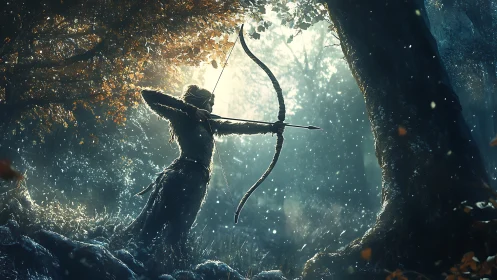 Digital fantasy archer in luminous woodland chiaroscuro scene.