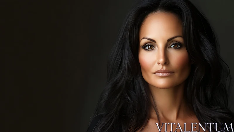 Elegant woman with long dark hair, natural makeup, studio portrait.