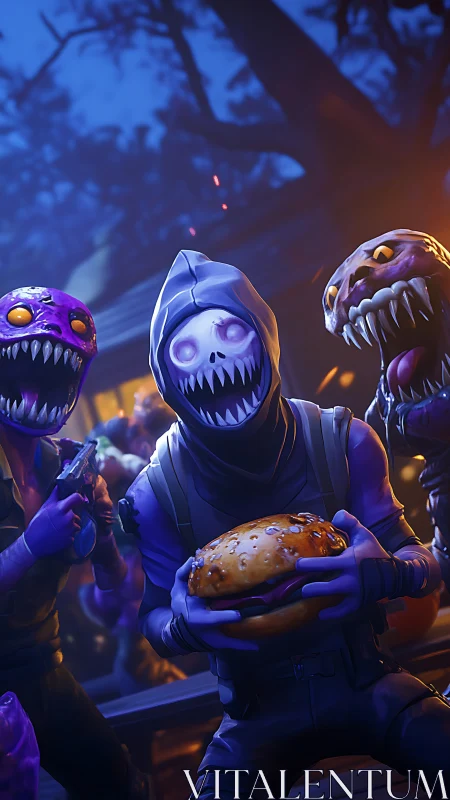 Hooded skeletal figure with burger and monster companions at night.