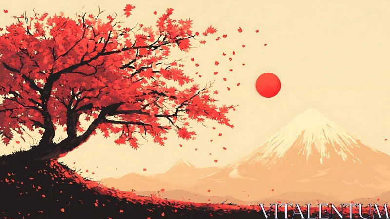 Autumnal maple silhouette with sun and stratified Fuji massif.