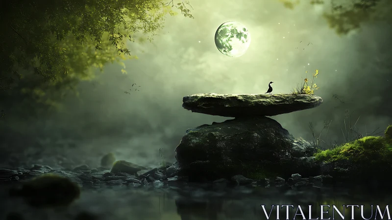 Digital painting of lunar-lit forest monolith with bird sentinel.