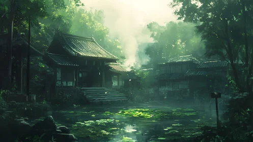 Misty forest pond with traditional Japanese wooden shrine