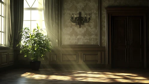 Volumetric sunlight defines ornate interior with potted foliage