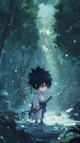Chibi swordsman wandering through an ethereal forest path.