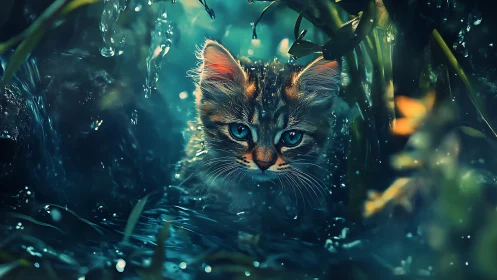 Kitten Emerges Through Cascade of Water and Verdant Foliage.