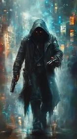 Hooded gunslinger strides through neon storm and painted smoke