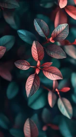 Close view of small leaves with teal and red lighting.