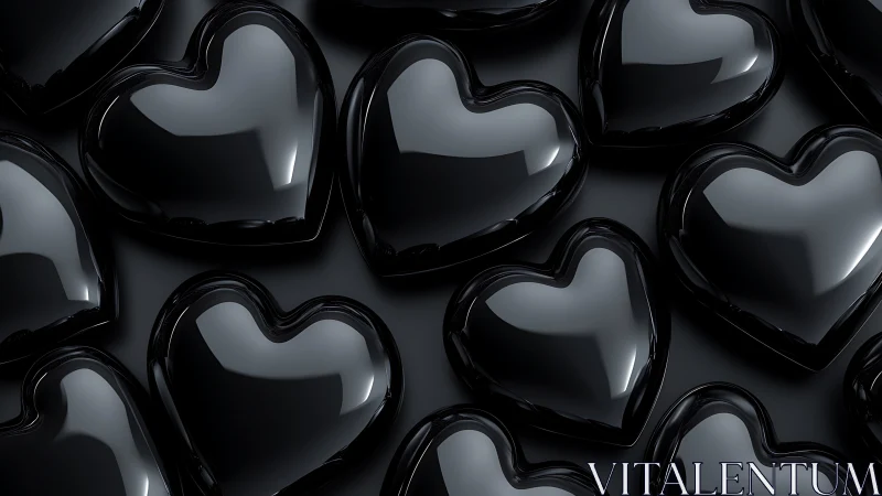 3D Black Glossy Heart Shapes on Dark Surface.