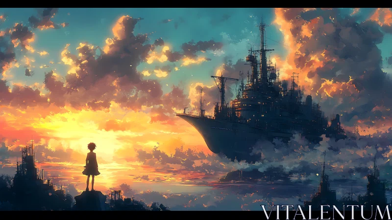 Sunlit skyfleet and lone observer over radiant sea horizon.