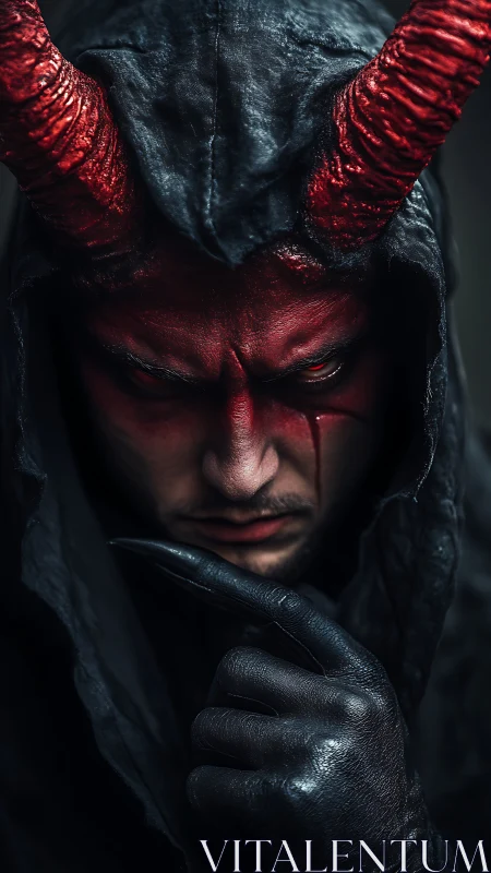 Demonic horned figure in hooded cloak under moody shadow.